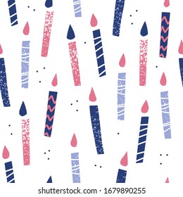 Birthday cake candles hand drawn seamless pattern. Presents and gifts festive wrapping paper. Multicolor burning candles with lines and dots ornament. Celebration, greeting postcard backdrop