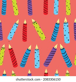 Birthday cake candles hand drawn seamless pattern. Presents and gifts festive wrapping paper. Multicolor burning candles with lines and dots ornament. Celebration, greeting postcard backdrop