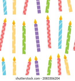 Birthday cake candles hand drawn seamless pattern. Presents and gifts festive wrapping paper. Multicolor burning candles with lines and dots ornament. Celebration, greeting postcard backdrop