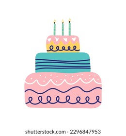 Birthday cake with candles. Hand drawn vector illustration for card, banner, t shirt EPS