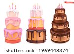 Birthday cake with candles. Happy birthday cartoon. 3d realistic vector set of objects
