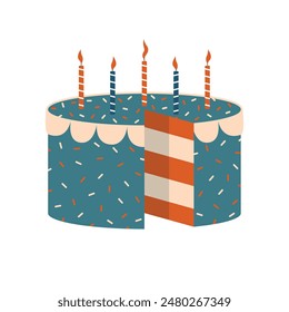 Birthday cake with candles. Happy Birthday cute clip art. Vector cartoon illustration with sweet dessert in flat style. For sticker, greeting card, banner, label, invitation. 