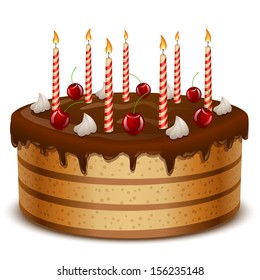 Birthday cake with candles isolated on white background vector illustration.