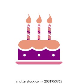 Birthday cake with candles isolated on white background. Cute pattern with dessert in fashion three colors violet, pink and coral. Vector.