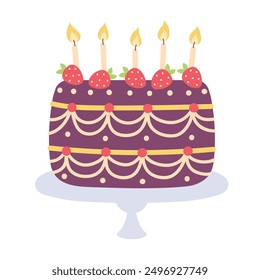 Birthday cake with candles isolated on a white background. Chocolate cake with strawberries. Trendy vector illustration. Design for posters, banners, cards