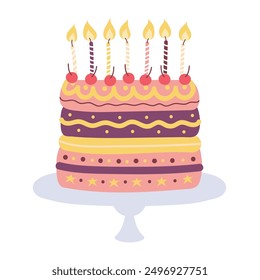 Birthday cake with candles isolated on a white background. Chocolate cake with cherries. Trendy vector illustration. Design for posters, banners, cards