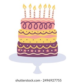 Birthday cake with candles isolated on a white background. Chocolate cake. Trendy vector illustration. Design for posters, banners, cards