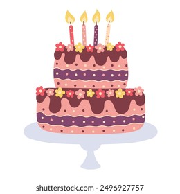 Birthday cake with candles isolated on a white background. Chocolate cake. Trendy vector illustration. Design for posters, banners, cards