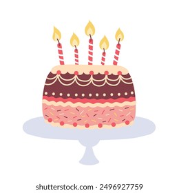 Birthday cake with candles isolated on a white background. Chocolate cake. Trendy vector illustration. Design for posters, banners, cards