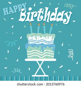 Birthday cake, candles and lettering for birthday greeting card