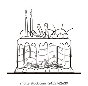 Birthday Cake with Candles and Letters outline vector illustration isolated on white background, eps