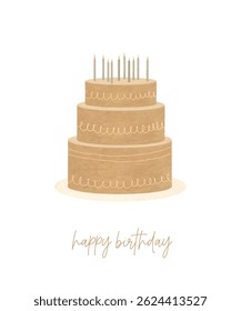 Birthday Cake With Candles. Modern Vector Print with Birthday Cake on a White Background. Cute Birthday Greeting Card with Big Cake and Burning Candles. Anniversary Print. Gender  Neutral Colors. RGB.