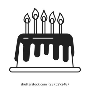 Birthday cake with candles monochrome flat vector object. Celebrating. Tasty dessert. Editable black and white thin line icon. Simple cartoon clip art spot illustration for web graphic design