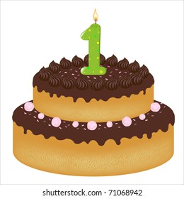 Birthday Cake With Candles With Number One, Isolated On White Background, Vector Illustration