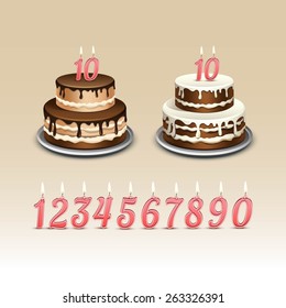 Birthday Cake with Candles Numerals Flame Fire Light. Isolated on Background. Realistic Vector Illustration