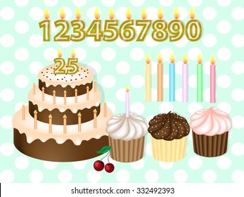 Birthday Cake with Candles Numerals.Birthday candles set. Realistic Vector Illustration