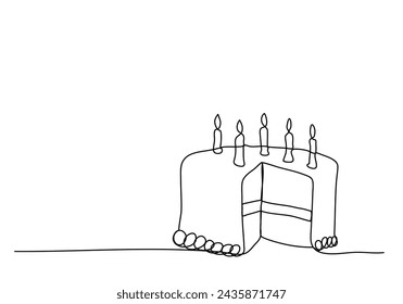 Birthday cake with candles, one line drawing vector illustration.