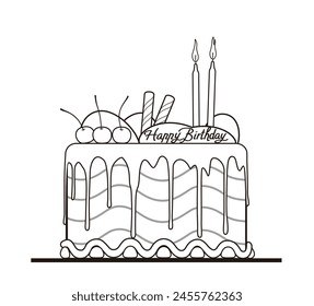 Birthday Cake with candles outline vector illustration isolated on white background, eps