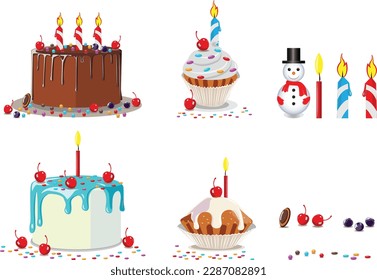 birthday cake with candles , birthday party elements.