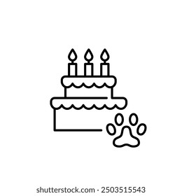 Birthday cake with candles and pet paw symbol. Cat or dog birthday celebration. Pixel perfect vector icon