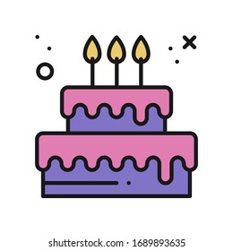 Birthday cake with candles. Pie dessert sign and symbol. Happy birthday. Illustration. Congratulation. Vector linear design.