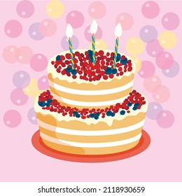 birthday cake with candles, pink background with soap bubbles