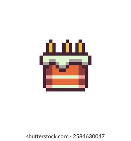 Birthday cake with candles pixel art icon. Isolated vector illustration. Game assets 8-bit sprite. Design for stickers, web, mobile app.