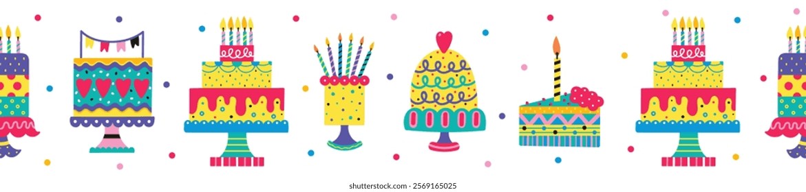 Birthday cake with candles. Seamless border. Great for birthday parties, textiles, banners, wallpapers, wrapping.