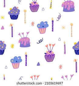 Torta de cumpleaños y velas sin costura. Buena decoración y fiesta para los niños. Excelente para tela, textil. Dibujo vectorial Ilustración