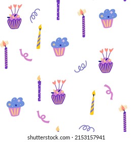 Birthday cake and candles seamless pattern. Good for decoration children party. Great for fabric, textile. Vector cartoon Illustration