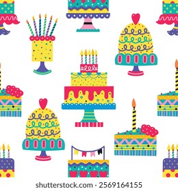 Birthday cake with candles. Seamless pattern. Hаnd drawn vector illustration for textile, banner, t shirt.  Cute illustration.