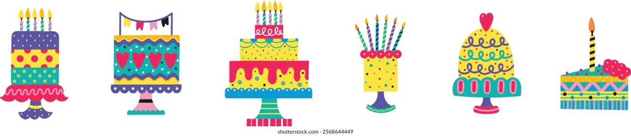 Birthday cake with candles. Set. Hаnd drawn vector illustration for card, banner, t shirt.  Cute illustration.