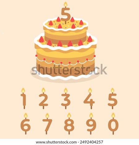 Birthday cake with candles in the shape of numbers. A festive cake for a birthday.