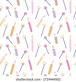 Birthday cake candles and sparklers hand drawn seamless pattern. Presents and gifts festive wrapping paper. Multicolor burning candles with stars ornament. Celebration, greeting postcard backdrop.