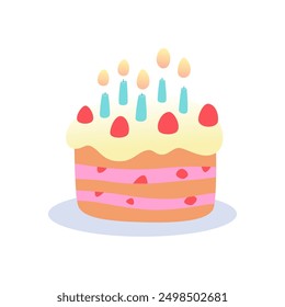 Birthday cake with candles and strawberry for party. Sweet multi layered dainty with creamy icing. Tasty confection, homemade delicacy, bakery product. Cartoon vector illustration.