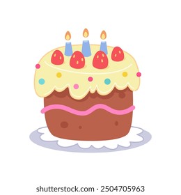 Birthday cake with candles and strawberry for party. Sweet multi layered dainty with creamy icing. Tasty confection, homemade delicacy, bakery product. Cartoon vector illustration.