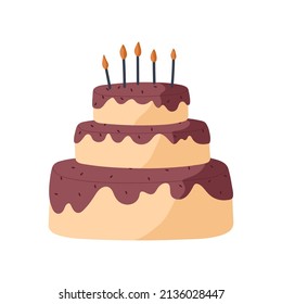 Birthday cake with candles. Sweet party dessert with chocolate cream, dripping glaze and sponge layers. Abstract festive dish, sugar food. Flat vector illustration isolated on white background