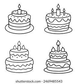 birthday cake with candles. Symbol of sweet celebration torte and pastry confectionery icon concept in simple linear style. Doodle vector illustration