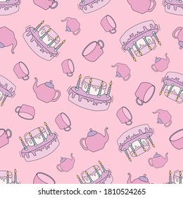 Birthday cake with candles and teapot seamless pattern. Hand drawn cute cakes and cups vector illustration on pink background for greeting cards,birthdays, wrapping and digital paper.