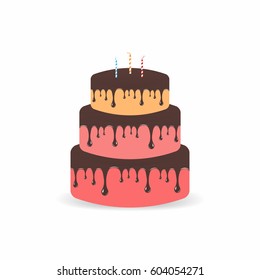 Birthday cake with candles. Three tiers cake with chocolate and glaze. Vector illustration