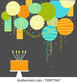 Birthday cake with candles. Vector background with paper Pom Poms, lanterns and garlands.  