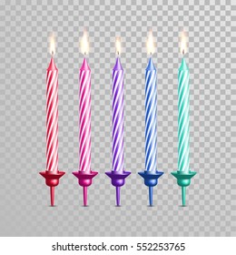 Birthday cake candles. Vector candles with burning flames of wax paraffin