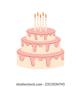 Birthday Cake with candles vector flat illustration. Colorful dessert	