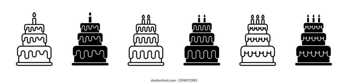 Birthday cake with candles vector icon set. 
Cakes for festive celebrations.