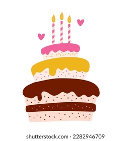 Birthday cake with candles, vector party baby kids simple flat dessert doodle illustration