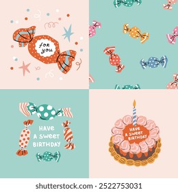 Bolo de aniversário, doces e outros doces. Coleção de cartões de aniversário e patte sem costura. Ilustrações de feliz aniversário de vetor. Cartazes elegantes e doces.
