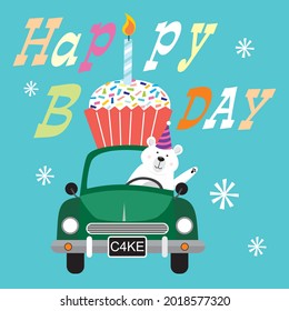 Birthday cake, car and bear for birthday card