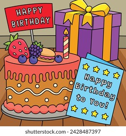 Birthday Cake, Card and Present Colored Cartoon 