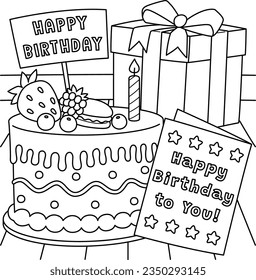 Birthday Cake, Card and Present Coloring Page 