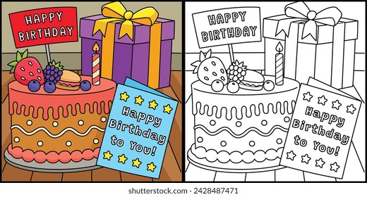 Birthday Cake, Card and Present Illustration